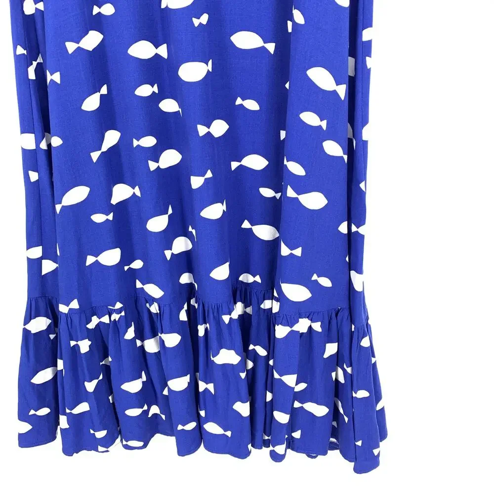 Kate Spade Graphic Fish Print Ruffle Midi Dress Womens Size Large Blue White